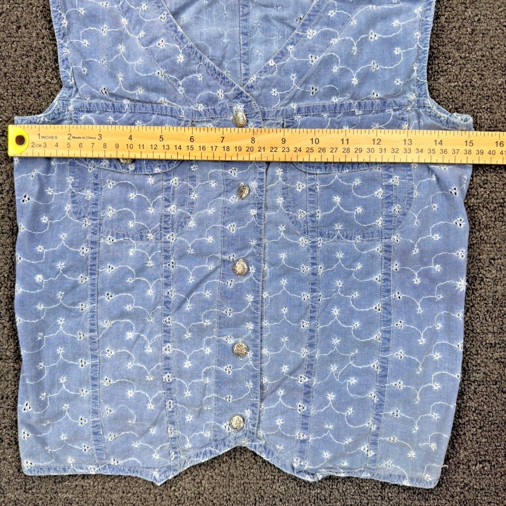 Y2K Denim Vest Top‎ Floral Embroidered Blue Button Front Indie Soft Girl - Picture 4 of 5